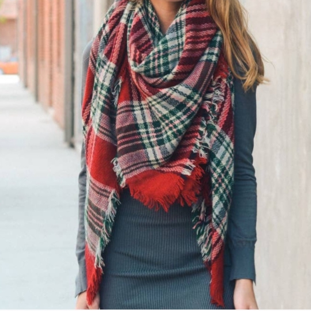 Red and Green Plaid Oversized Blanket Scarf